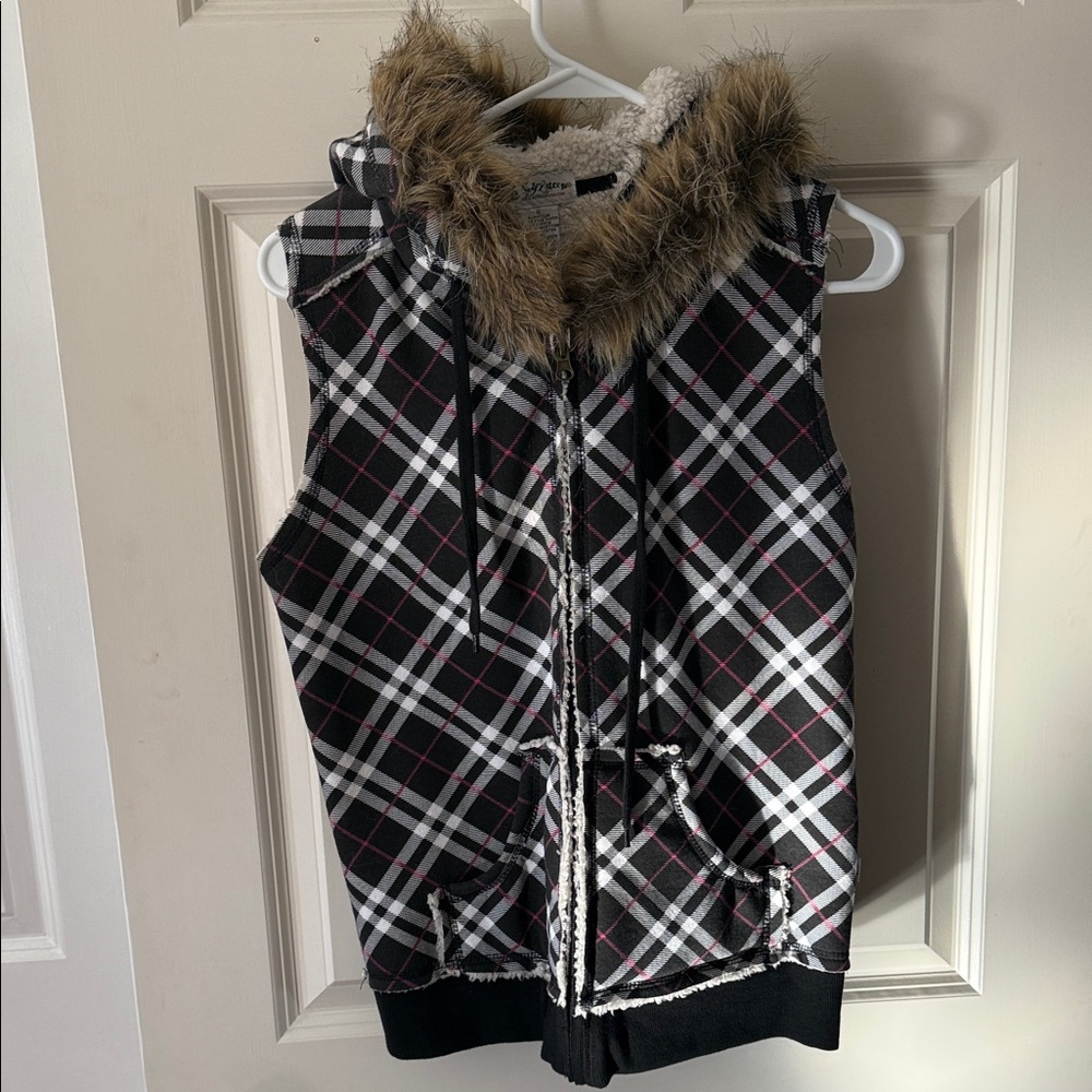 Plaid Faux Fur Hooded Vest